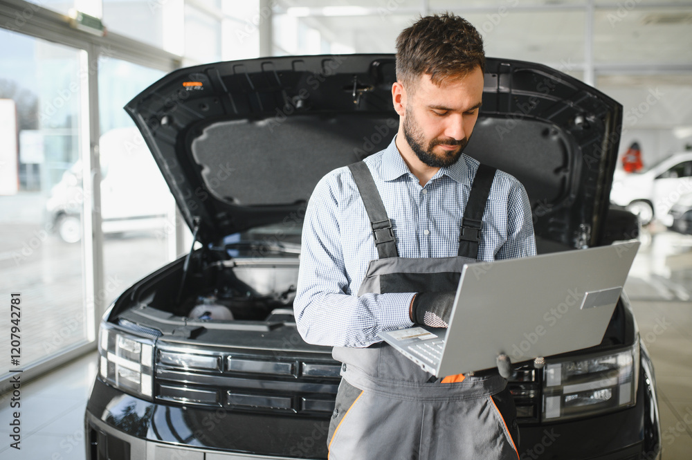 Poster Auto mechanic using computer diagnostic program while repairing car in workshop
