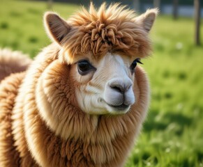 Obraz premium Close-up of a fluffy alpaca with soft fur grazing in green field, animal, field