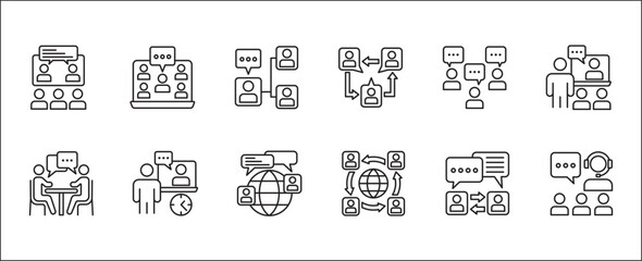 Business presentation icon set. Meeting and conference icons. Contains symbols of seminar, sales presentation, profile company, plan, briefing, project, schedule, strategy. Thin line icon design.