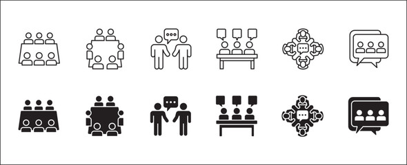 Business meeting icon set. Presentation and conference icons. Contains symbols of briefing, project, schedule, strategy, seminar, sales presentation, profile company, plan.