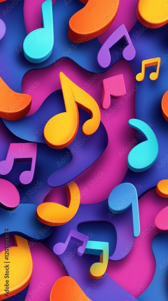 Aufkleber Colorful music notes in different sizes and shapes are floating on a vibrant, wavy background, creating a dynamic and energetic visual representation of music and sound