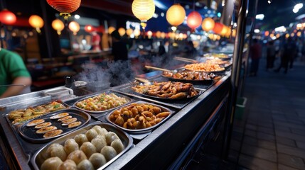 Fototapeta premium Vibrant night market filled with delicious street food options displayed under glowing lanterns. Vendors serve steaming dishes to eager customers enjoying the lively environment
