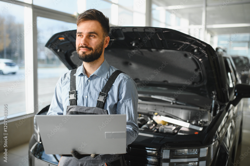 Poster Auto mechanic using computer diagnostic program while repairing car in workshop
