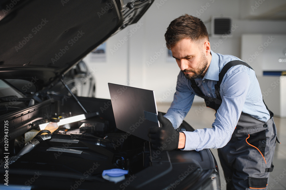 Fototapete Automotive mechanic running diagnostics software on computer. Mechanic doing vehicle diagnostic test in auto service garage