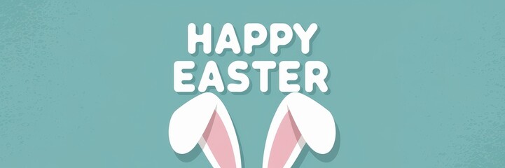 Fototapeta premium Bunny Ears with Happy Easter Greeting on Teal Background