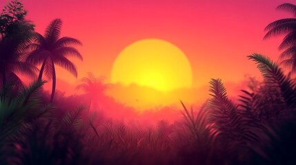 Fototapeta premium Tropical Sunset Scene With Palm Trees Silhouette