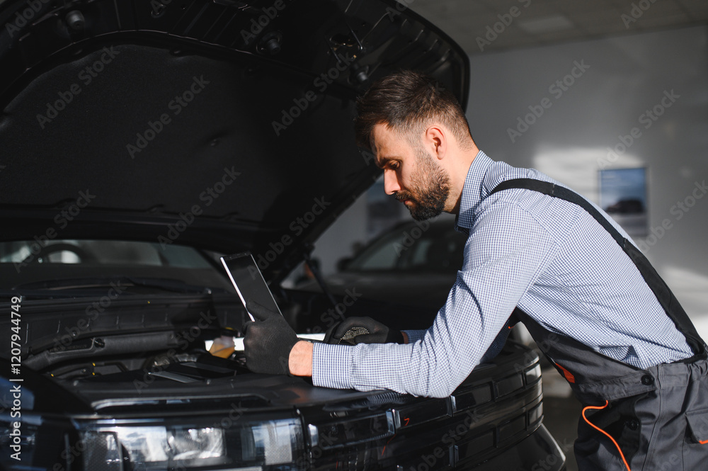 Aufkleber Troubleshooting process. Auto mechanic working in garage. Repair service