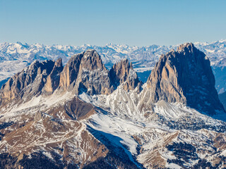 Aerial View Of Marmolada Glacier From Drone, Dolomite Mountains. Sella Ronda group and the Marmolada group in winter. Marmolada in winter, Dolomites and Tauern range in background, Dolomites, Italy.