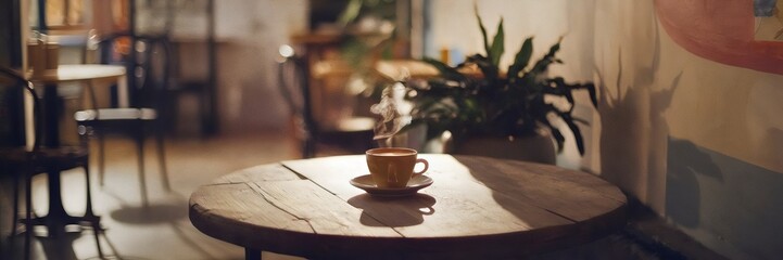 Obraz premium Cinematic shadow of steaming coffee cup in cafe
