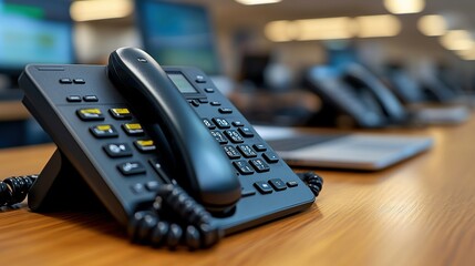 Office desk phone close-up, blurred call center background