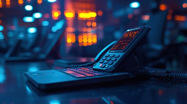 Office phone on desk at night, blurred background lights