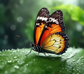 Fototapeta premium Butterfly resting on the edge of a leaf with dew drops , outdoor, zoology