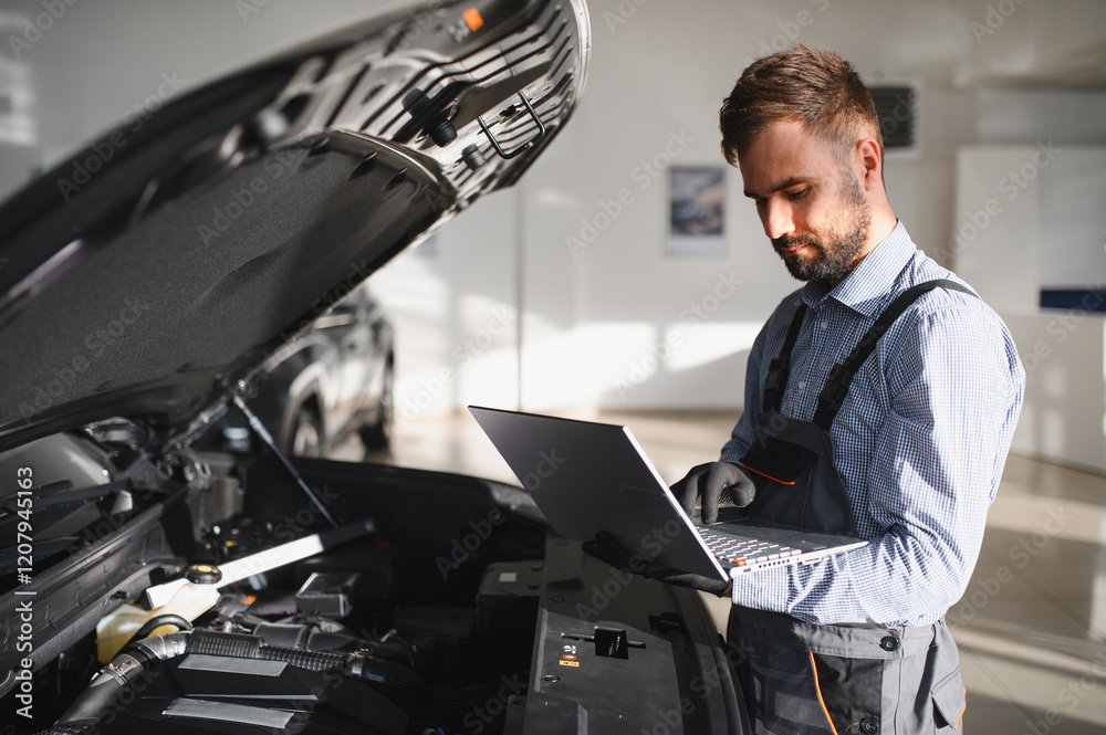 Leinwandbilder Mechanic Uses a Computer with an Augmented Reality Diagnostics Software. Specialist Inspecting Car's Engine to Quickly Spot Broken Components. Premium Car Service