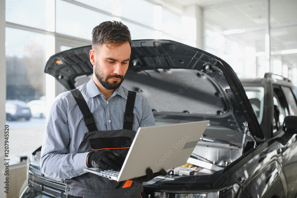 Leinwandbilder Mechanic Uses a Computer with an Augmented Reality Diagnostics Software. Specialist Inspecting Car's Engine to Quickly Spot Broken Components. Premium Car Service