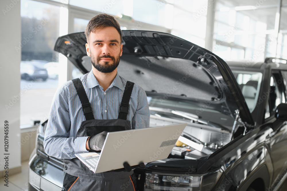 Leinwandbilder Auto mechanic using computer diagnostic program while repairing car in workshop