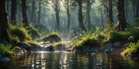 Obraz premium Bubbles rising up from the forest floor like a fountain or water feature , natural beauty, forest floor, water features