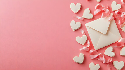 Fototapeta premium love letter envelope with paper craft hearts - flat lay on pink valentines with copy space
