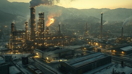 Fototapeta premium Oil refinery at dusk in snowy industrial valley, smoke plumes rise