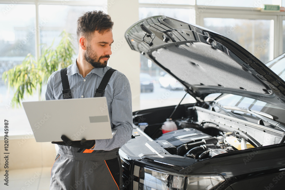 Leinwandbilder Mechanic Uses a Computer with an Augmented Reality Diagnostics Software. Specialist Inspecting Car's Engine to Quickly Spot Broken Components. Premium Car Service