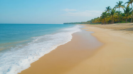 Obraz premium picturesque tropical beach with powdery white sand, gentle waves, and palm trees lining shore creates serene and inviting atmosphere for relaxation and enjoyment
