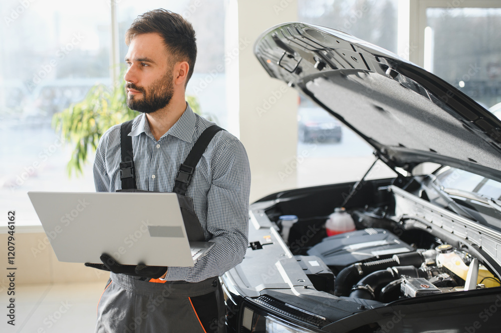 Poster Automotive mechanic running diagnostics software on computer. Mechanic doing vehicle diagnostic test in auto service garage