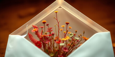 A white envelope with a bunch of flowers inside. The flowers are orange and red, and they are arranged in a way that makes the envelope look like a flower bouquet. Concept of warmth and happiness