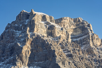 Panoramic view of the Dolomites mountains in winter, Italy. Santa Fosca Civetta resort.Ski resort in Dolomites, Alps in Italy. Aerial drone view of Santa Fosca ski slopes and mountains in dolomites.
