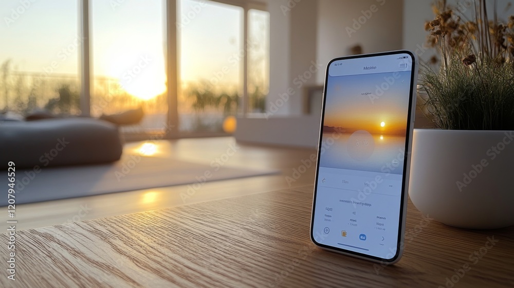 Poster a smartphone placed on a wooden surface shows a sunset forecast while warm light floods a modern liv