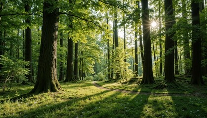Obraz premium Tranquil Sunlit Forest Path Glowing with Natural Light Against Ancient Trees