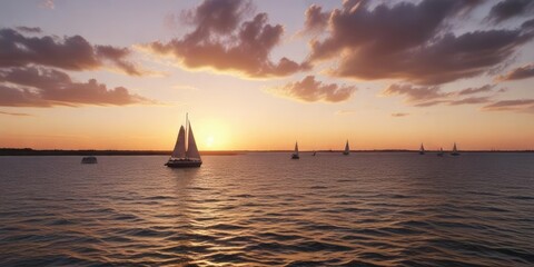 Fototapeta premium Boats sailing into a Charleston harbor at sunset, nautical, sunset