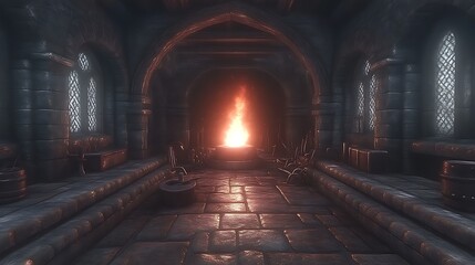 Ancient Forge Hall with Burning Fire and Tools