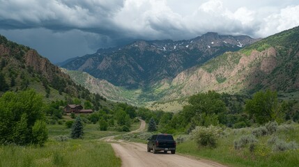 Mountain Road Trip Truck Drives Scenic Valley Landscape