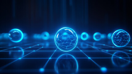 scientific depiction of glowing hydrogen molecules floating in digital grid, showcasing futuristic and high tech atmosphere. vibrant blue light enhances visual appeal