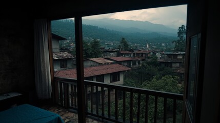 Fototapeta premium Mountain Village View From Balcony Room Window