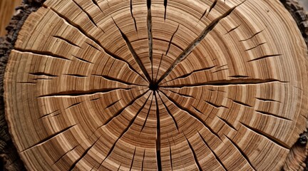 Tree cross-section close-up, showcasing textured wood grain, visible annual rings, and a central knot, earthy tones and rustic details for nature-themed backgrounds. 