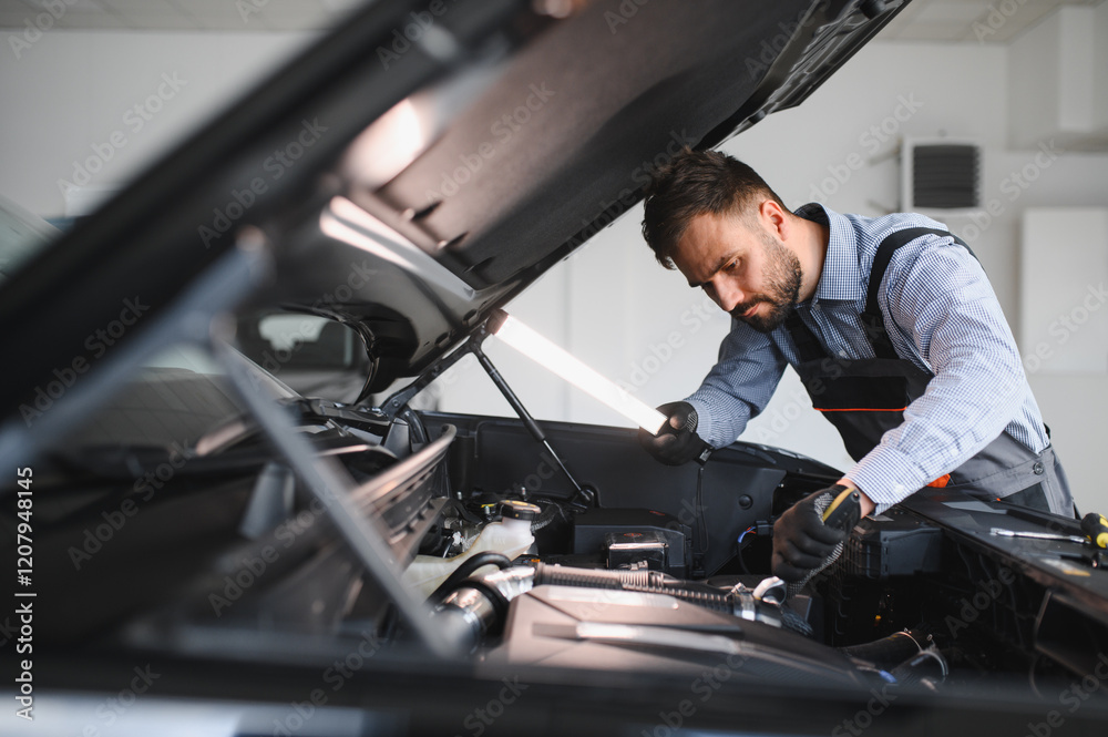 Poster troubleshooting process. auto mechanic working in garage. repair service