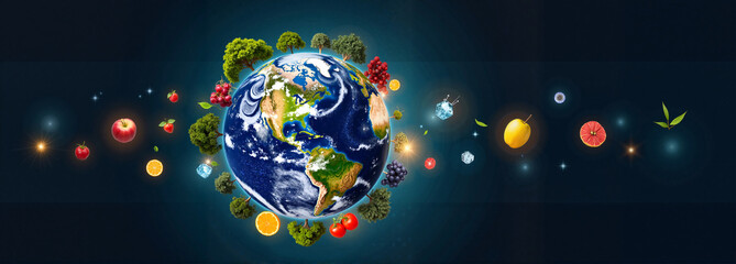 Colorful fruits and vegetables surrounding Earth on dark background