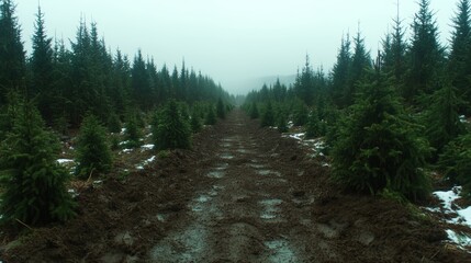 Obraz premium Muddy Forest Road Young Conifer Plantation Foggy Day