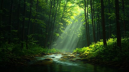 Obraz premium Serene Forest Scene with Sunlight and Stream Flowing Through Trees