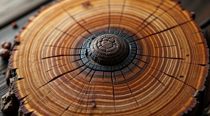 Obraz premium Macro view of wood texture highlighting annual growth rings and central knot, detailed structure of tree cross-section, natural patterns, rustic and warm wooden background, perfect for organic design 