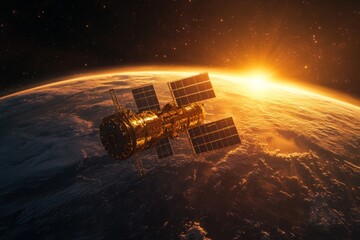 Orbital space station equipped with solar panels, orbiting earth during a breathtaking sunrise, symbolizing space exploration and technological advancement