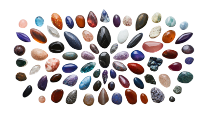 A vibrant collection of various gemstones showcasing unique colors and textures. transparent background