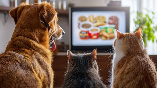 Joyful dog and curious cat watching food advertisement on television at home