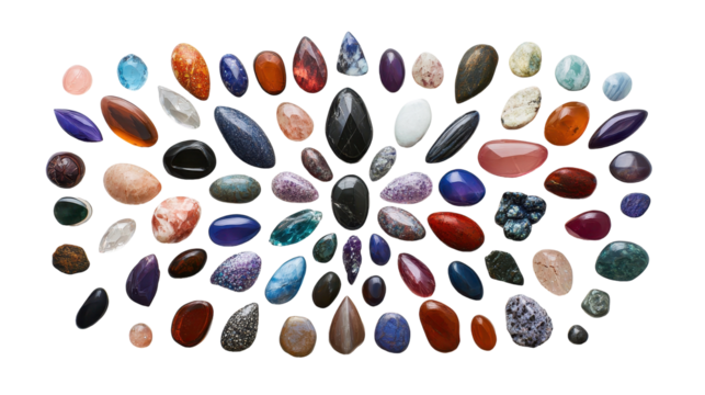 A vibrant collection of various gemstones showcasing unique colors and textures. transparent background