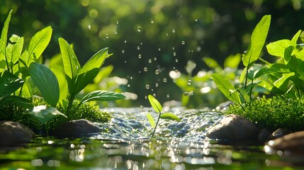 Tranquil Stream with Fresh Green Plants and Water Droplets