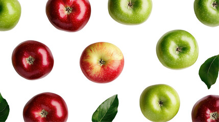 A vibrant display of red and green apples with fresh leaves on a dark background. transparent background