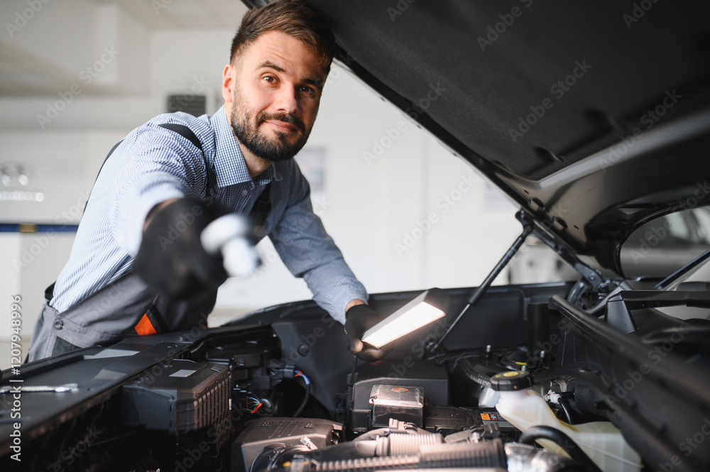 Poster Troubleshooting process. Auto mechanic working in garage. Repair service