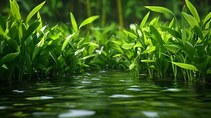Lush Green Leaves Reflected in Calm Water Surface in Nature Scene