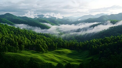 Naklejka premium Serene Landscape of Lush Green Hills and Misty Mountain Range