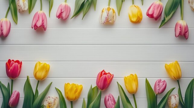 Pink, yellow and variegated tulips creating a frame on white wooden planks with copy space for text